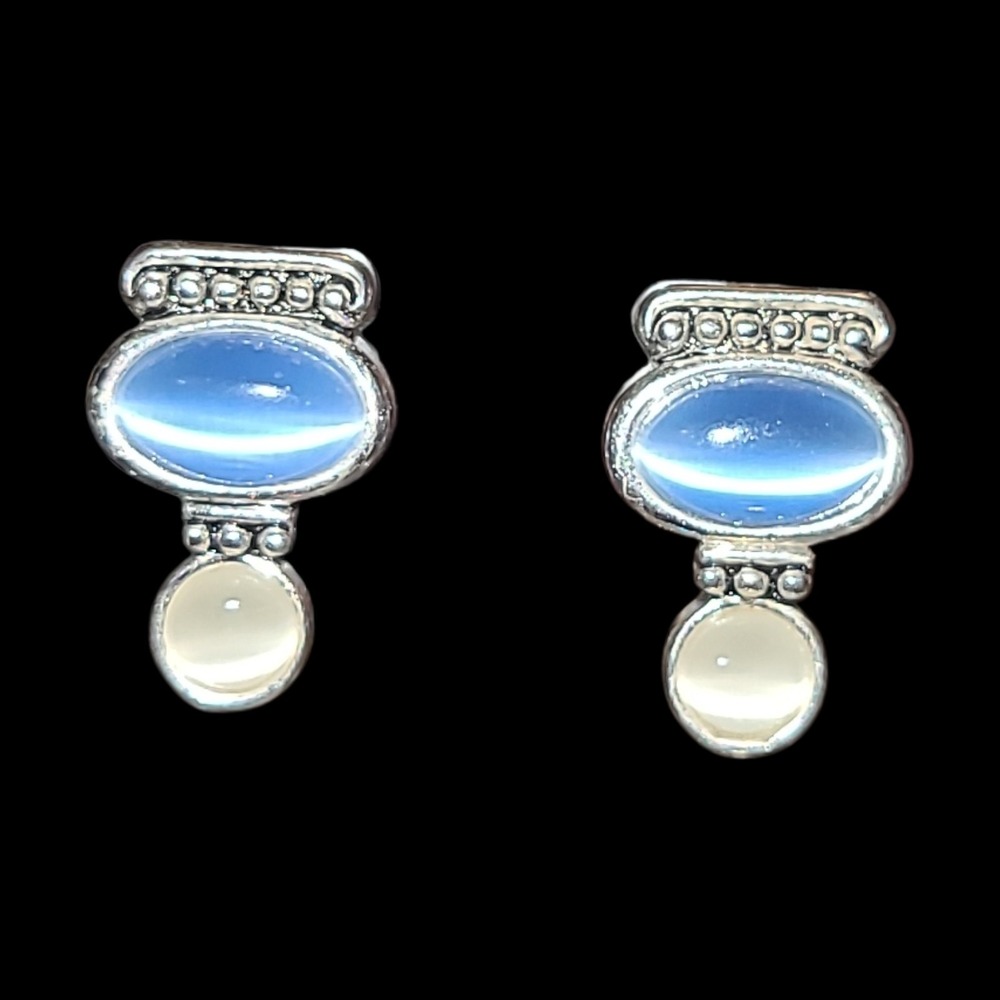 Blue Cat Eye Glass Cabochon Silver Tone Pierced Earrings Opalite Accent